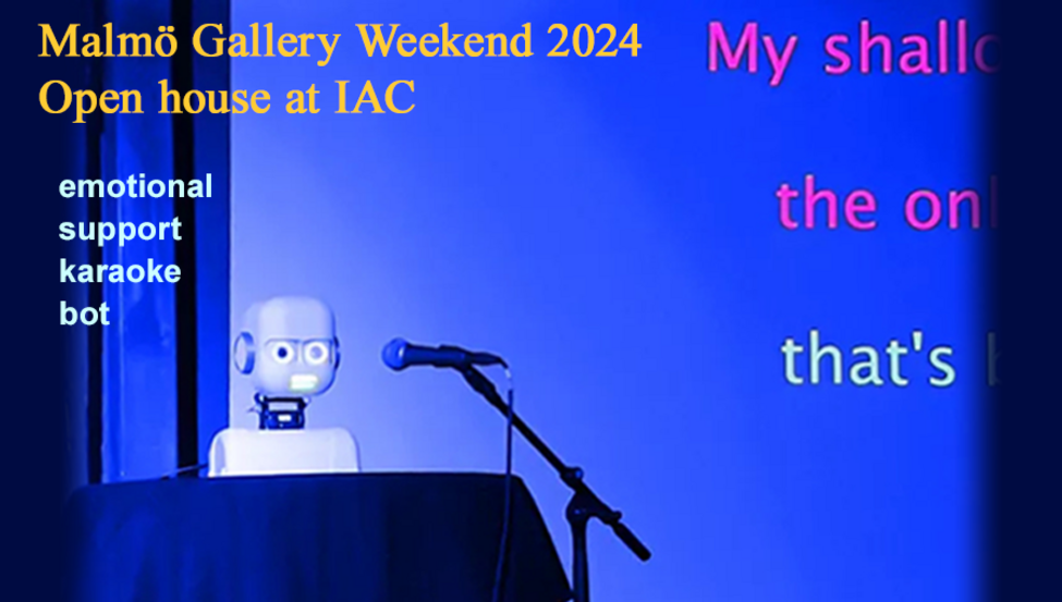 The humanoid robot Epi as the emotional support karaoke bot at Malmö Gallery Weekend 2024.